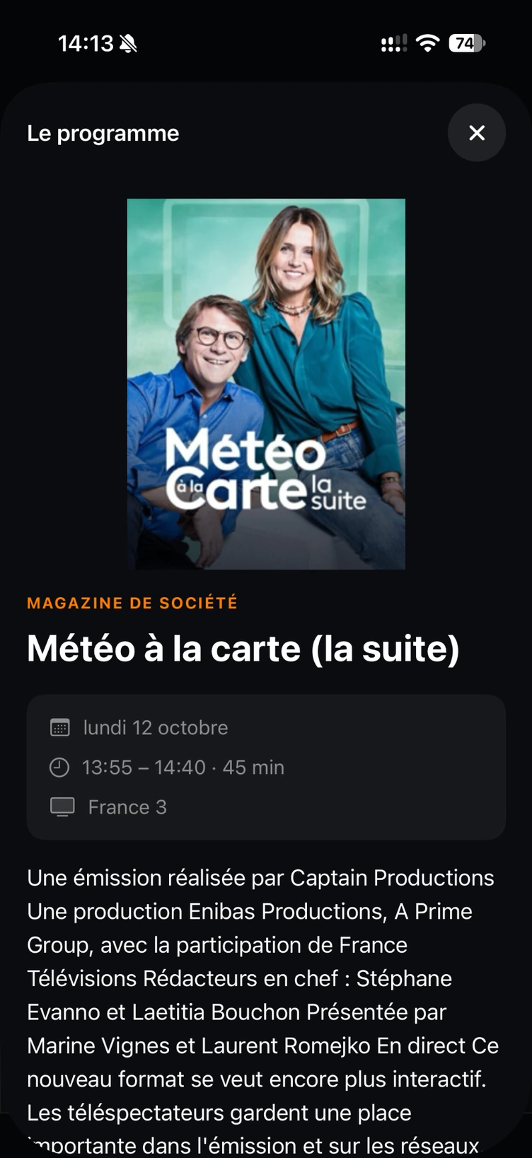 Fiche d’un programme : affiche, horaires, chaîne et description.