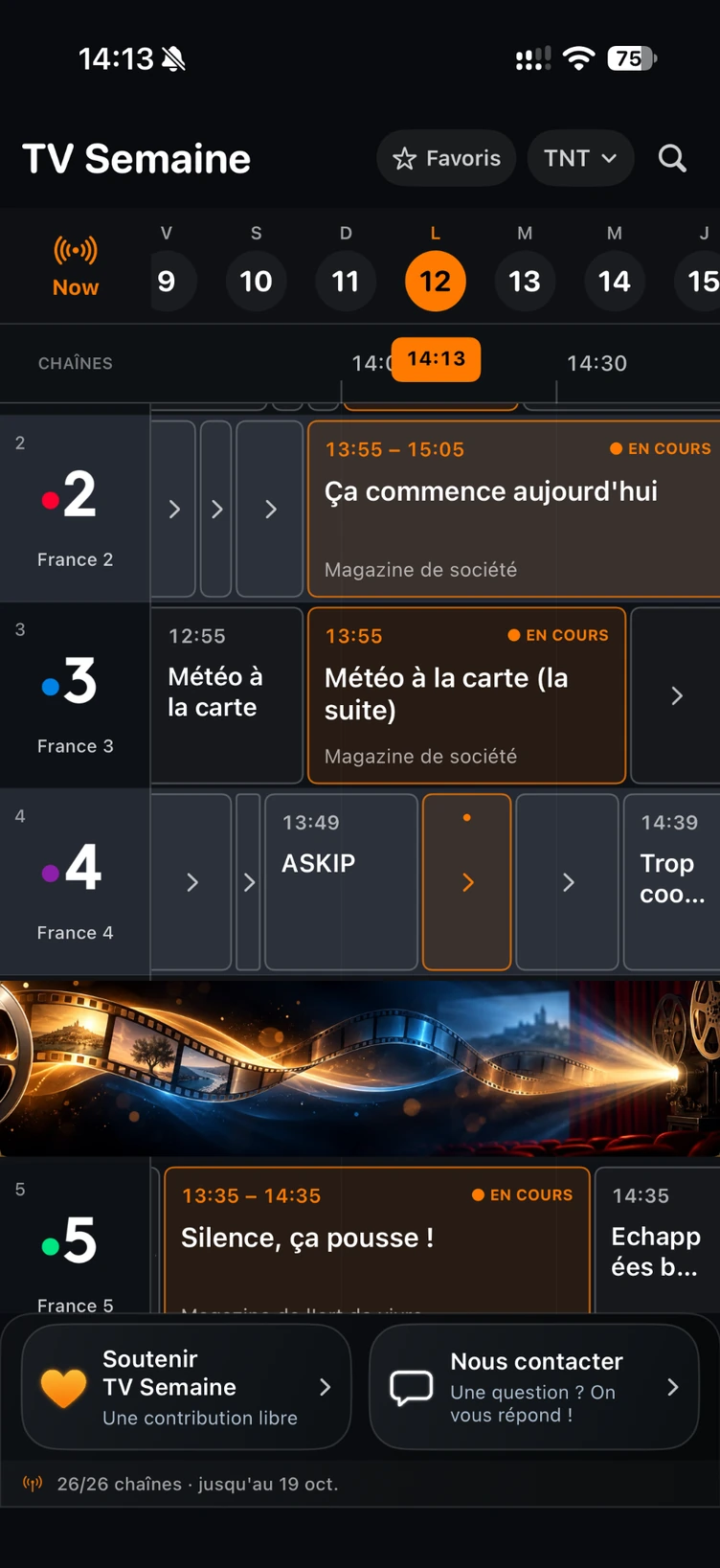 Grille TV Semaine : navigation par jour, favoris et programmes en cours des chaînes France 2, France 3, France 4 et France 5.